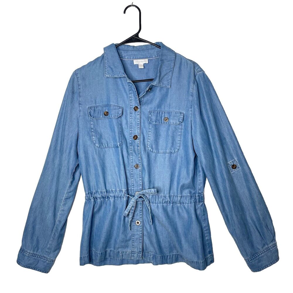 Womens Jacket Top Tie Front Button Lyocell Chambray Denim Roll Tab Sleeve Sz M